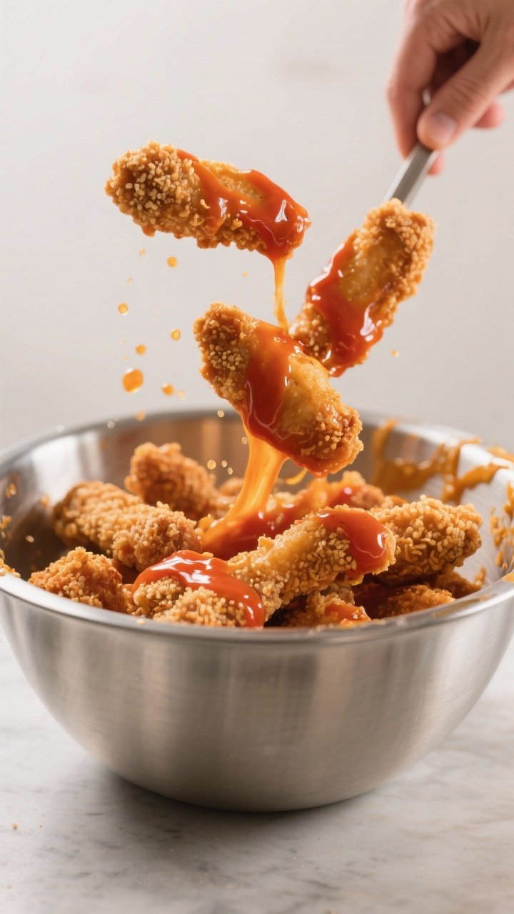 Tossing Buffalo tenders in glossy sauce