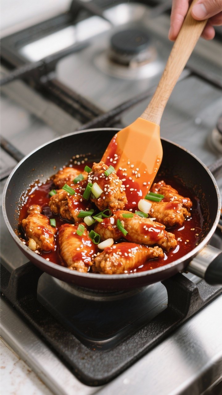 Cooking process: Tossing hot, crispy chicken pieces in a small pan of glossy gochujang sauce on low 