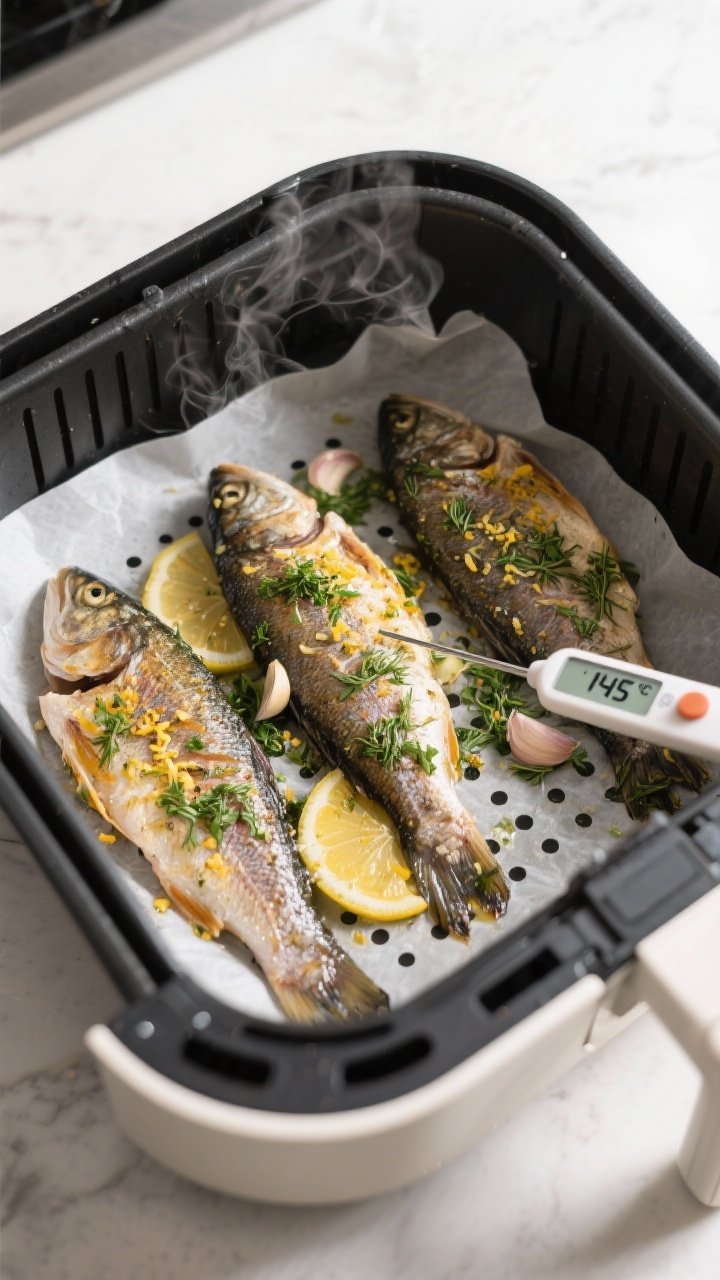 Cooking process: Trout fillets arranged skin-side down in a preheated air fryer basket lined with pe