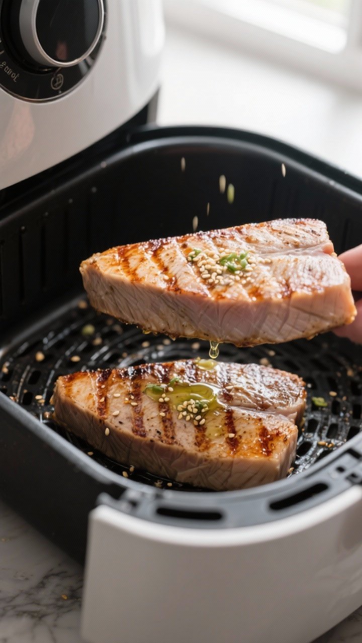Cooking process: Tuna steaks just flipped in an air fryer basket at 400°F, showing even browning an