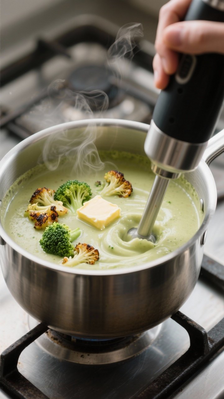 Cooking process: Velvety broccoli soup being blended with an immersion blender in a stainless pot; y