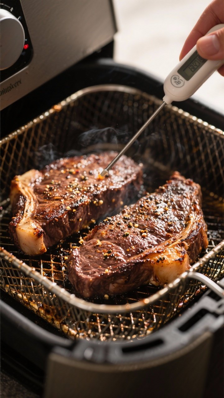 Cooking process: Venison steaks in an open air fryer basket at 400°F, beautifully browned surface w