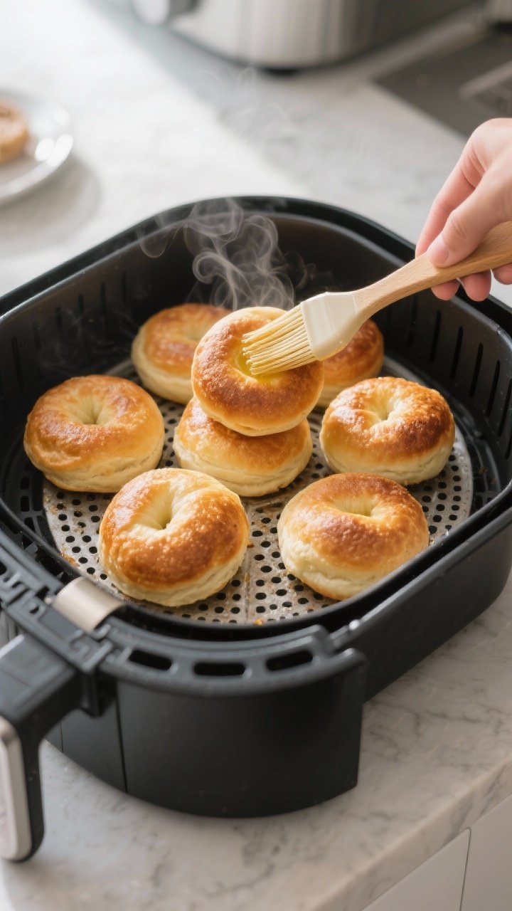 Cooking process: Vetkoek rounds in an air fryer basket mid-cook at 350°F, flipped halfway—golden