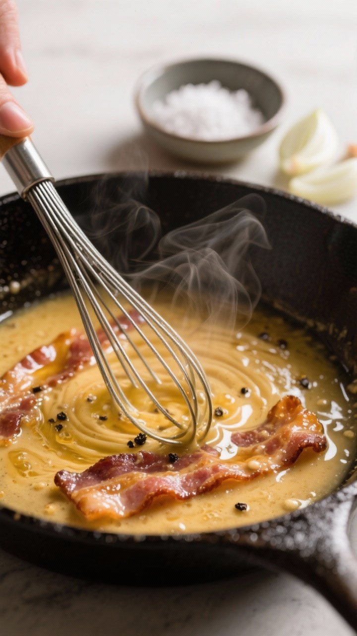 Cooking process: Warm bacon dressing being whisked in a small skillet—golden drippings swirling wi