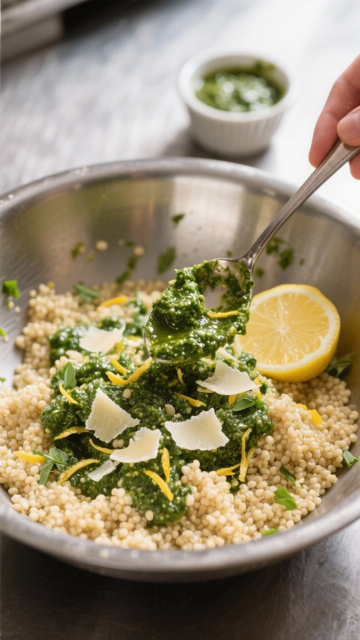 Cooking process: Warm couscous being tossed with spoonfuls of glossy homemade basil pesto in a wide 