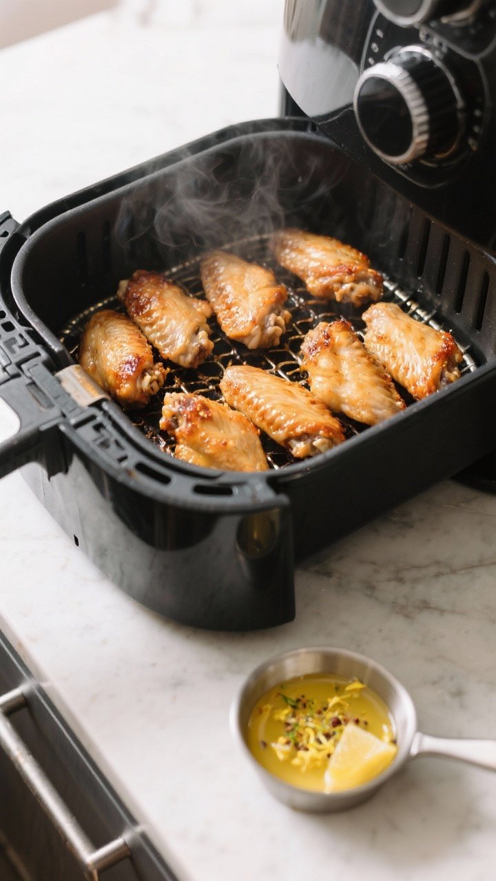 Cooking process: Wings arranged in a single layer in an open air fryer basket mid-cook, showing even