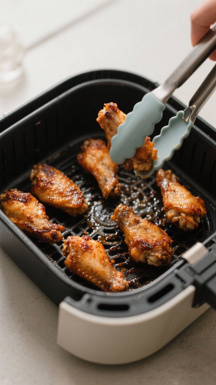 Cooking process: Wings in an air fryer basket at 400°F for the crisp finish, evenly spaced in a sin