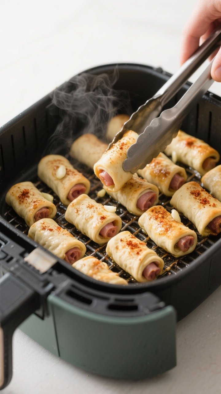 Cooking process: Wrapped pigs in a blanket arranged in a single layer inside an air fryer basket, ev
