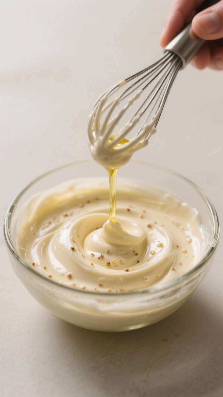 Emulsifying action shot: A medium glass bowl with the aioli base turning creamy and glossy as a thin