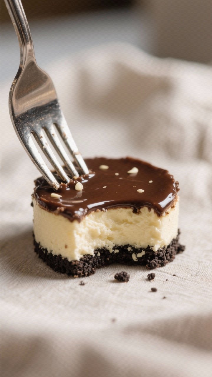 Extreme close-up hero shot: a single mini cheesecake with Oreo crust, smooth creamy interior shown v