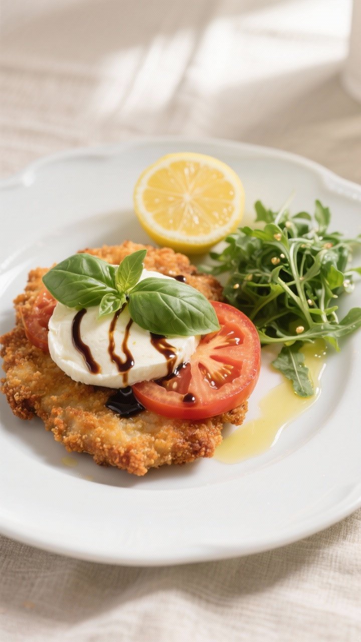 Final dish: Beautifully plated Air Fryer Caprese Schnitzel on a white ceramic plate—crispy cutlet 