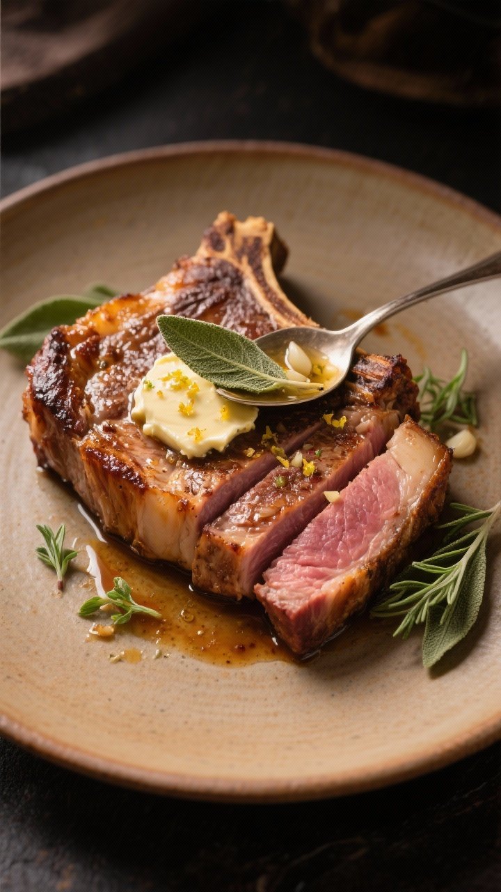 Final dish beauty: Bistro-style presentation of a thick bone-in pork chop sliced to reveal juicy, sl