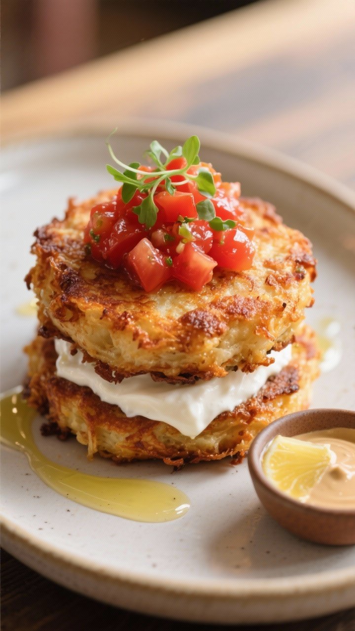 Final dish beauty: Cafe-style presentation of a single extra-crisp hash brown patty stacked with lay