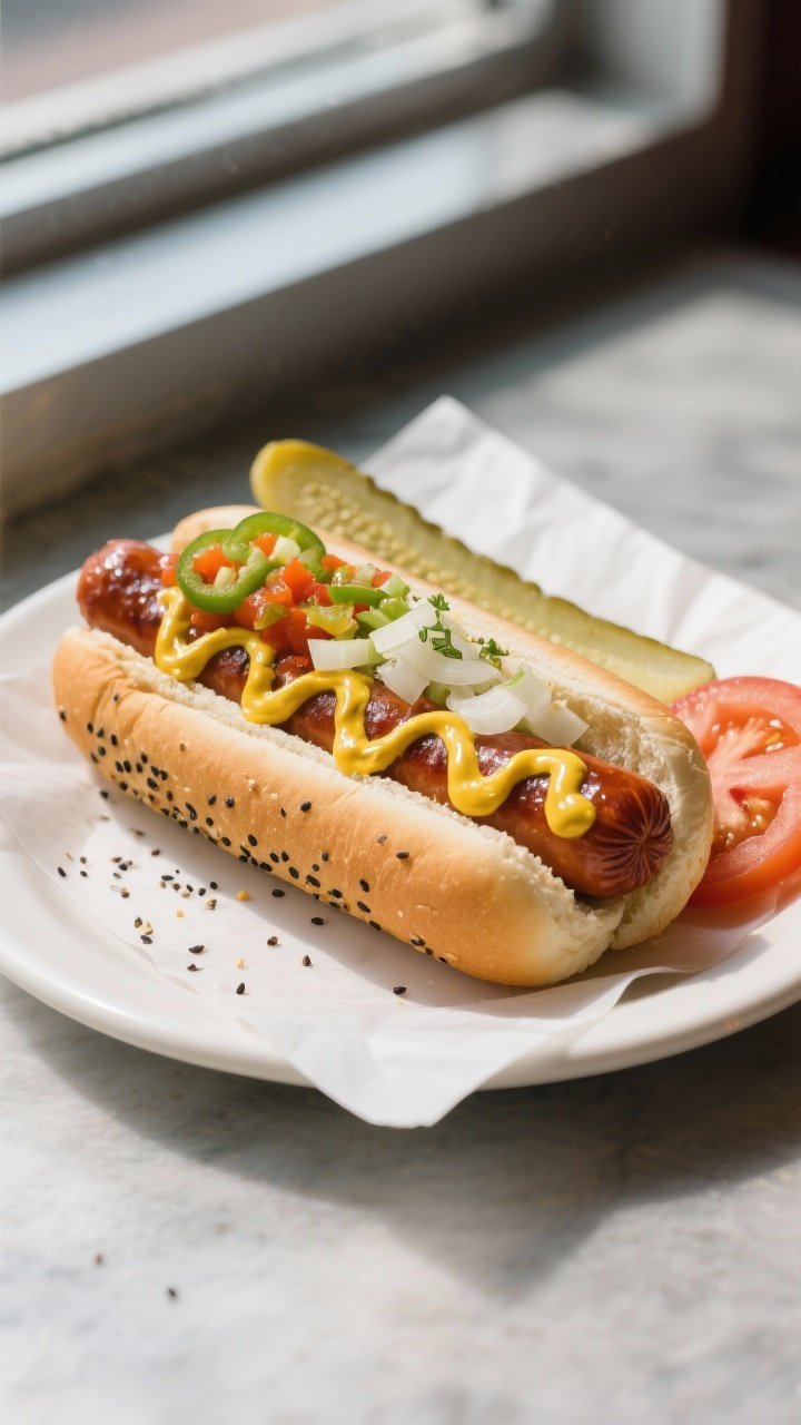 Final dish beauty: Chicago-style inspired hot dog in a lightly toasted poppy-seed bun—snappy, deep