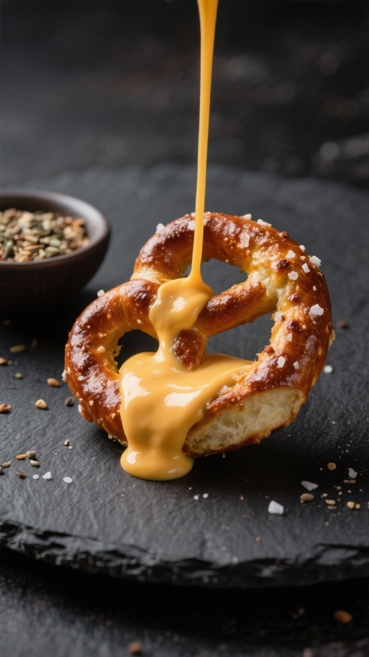 Final dish beauty: Dramatic close-up of a pretzel bite mid-dip into creamy cheddar sauce, the sauce 