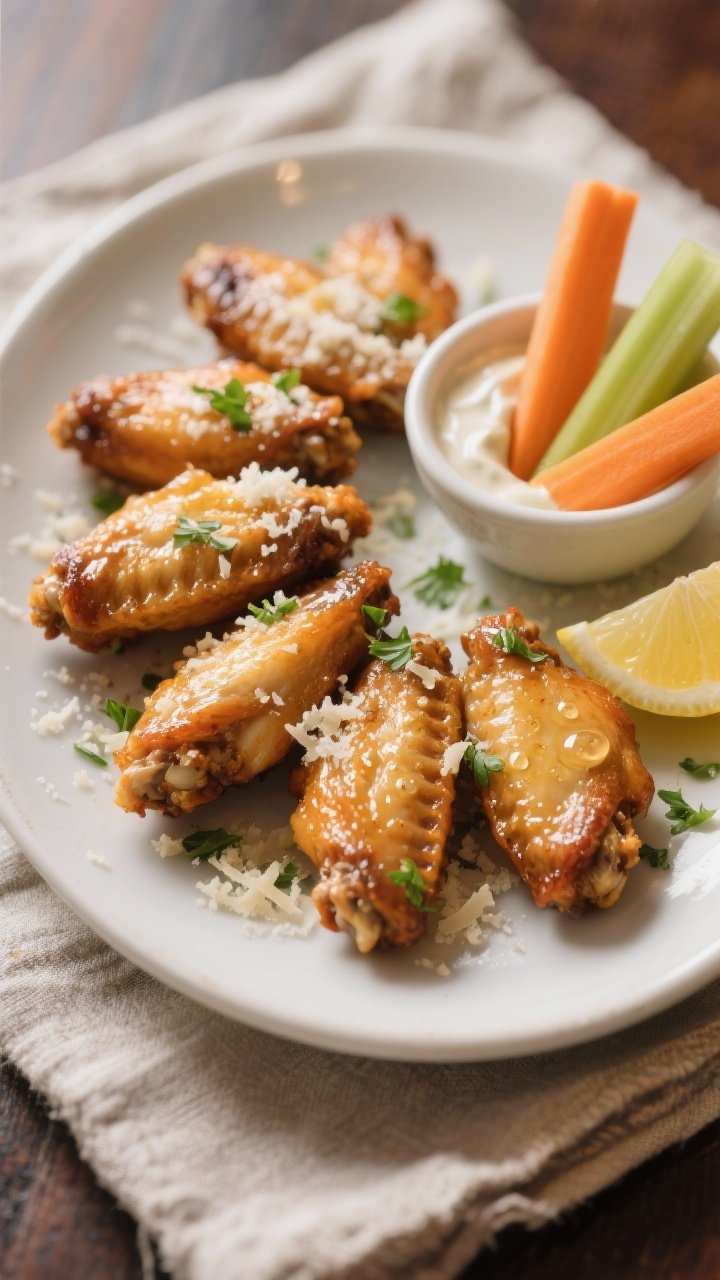 Final dish beauty: Restaurant-quality plate-up of 6–8 wings arranged in a fan with visible garlick