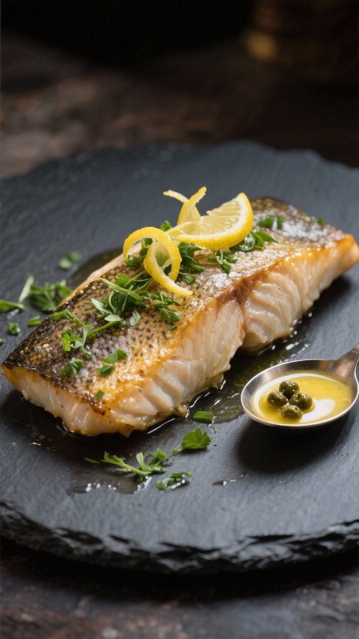 Final dish beauty: Restaurant-quality presentation of a single trout fillet angled on a dark stone p