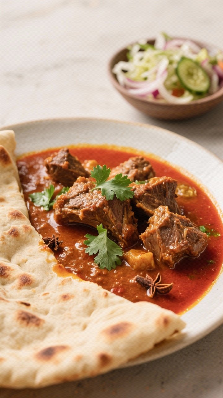 Final dish beauty shot: Lamb curry served with warm, lightly blistered flatbreads folded at the edge