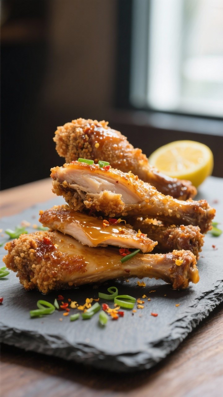 Final dish beauty: three drumettes and three flats stacked casually on a slate board, close-up angle