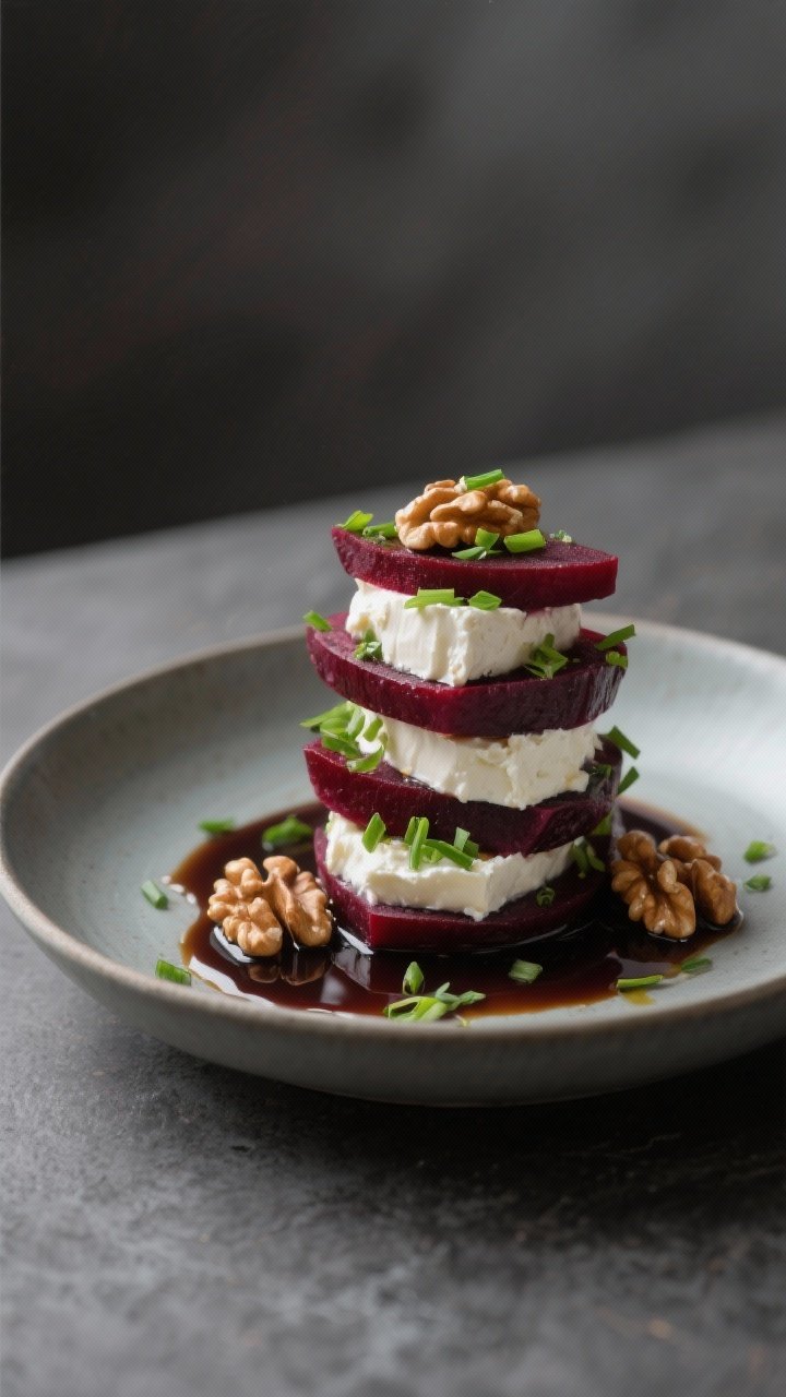 Final dish elegance — Restaurant-style presentation: Shallow bowl composition with beet wedges sta