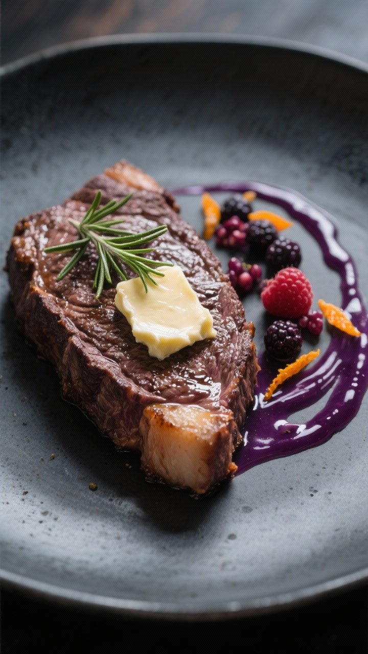 Final dish elegance: Restaurant-style presentation of whole venison steak unsliced, topped with a th