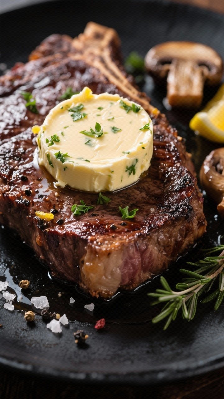 Final dish — Garlic-Herb Steakhouse Compound Butter melting on a seared ribeye: dramatic close-up 