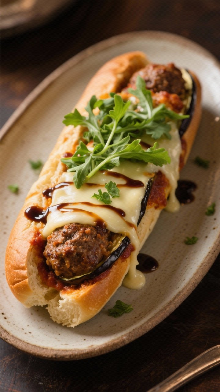 Final dish glamour: Restaurant-quality hero shot of a single Eggplant Parmigiana “Meatball” Sub 