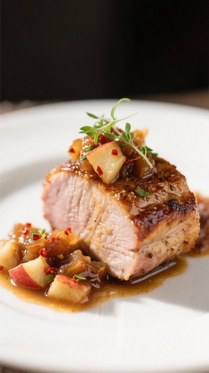 Final dish hero: Restaurant-quality plating of pork tenderloin finished with a maple-mustard sheen, 