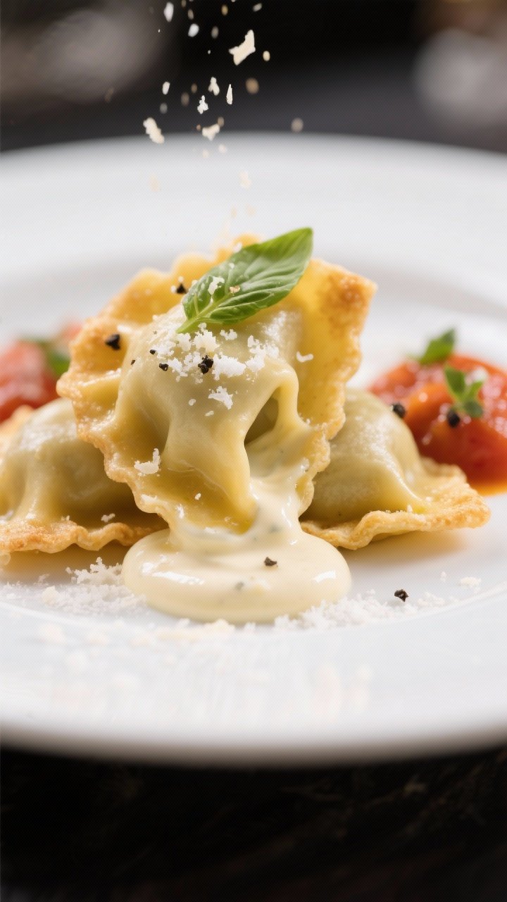 Final dish hero: Tight three-quarter angle of a few agnolotti dipped halfway into the aioli, showing