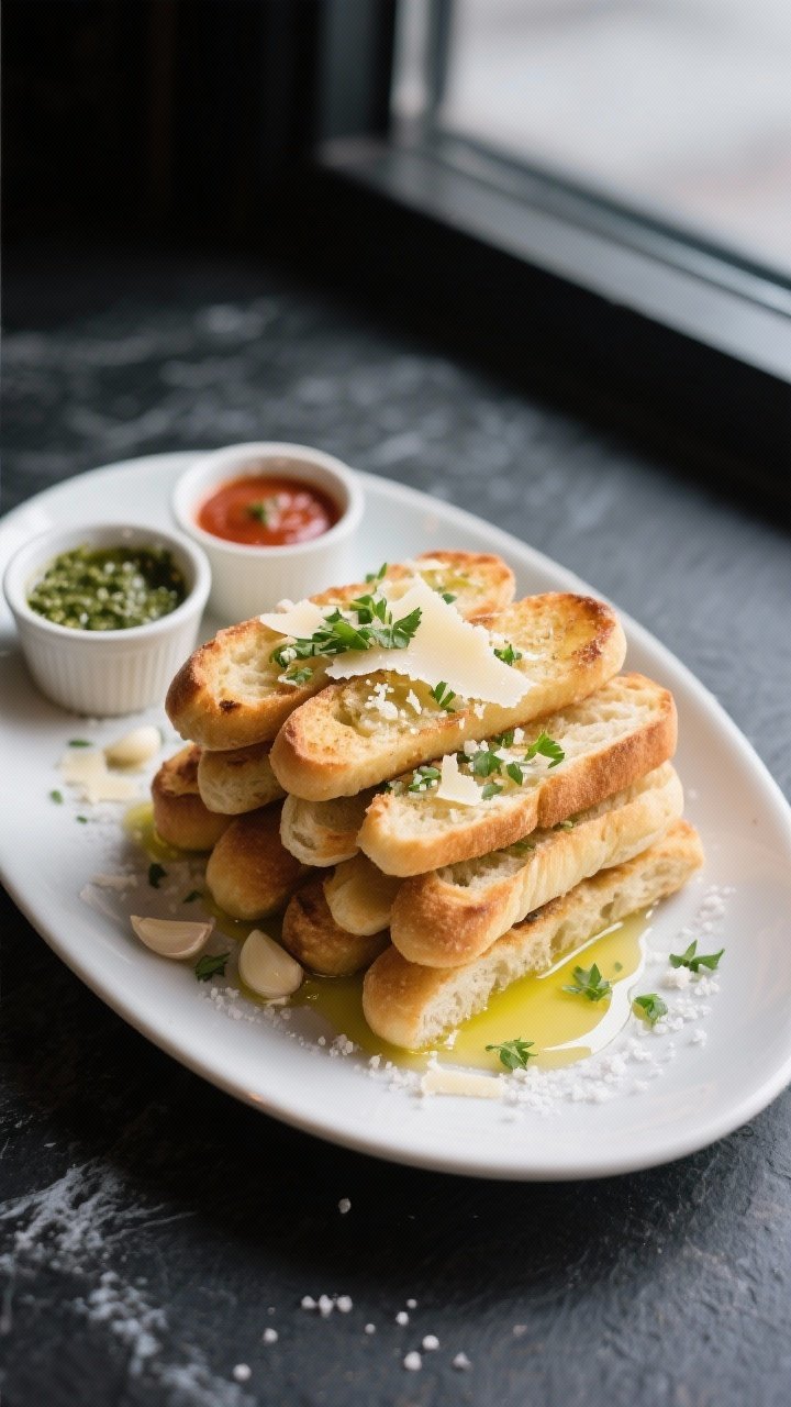 Final dish plated: restaurant-quality presentation of garlic bread sticks arranged in a neat stack o