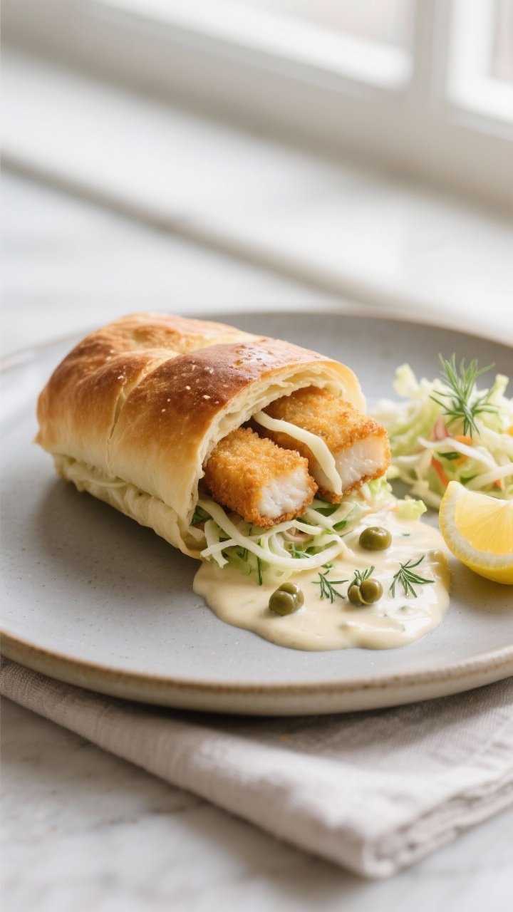 Final dish plated: Restaurant-quality presentation of a single fish finger roll on a matte ceramic p