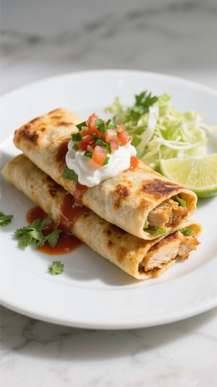 Final dish — plated restaurant style: Two air fryer chicken chimichangas stacked slightly offset o