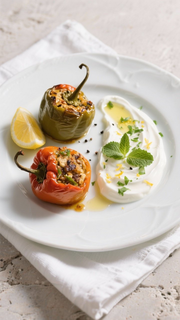 Final dish plating: Restaurant-quality presentation of two stuffed peppers on a white ceramic plate,