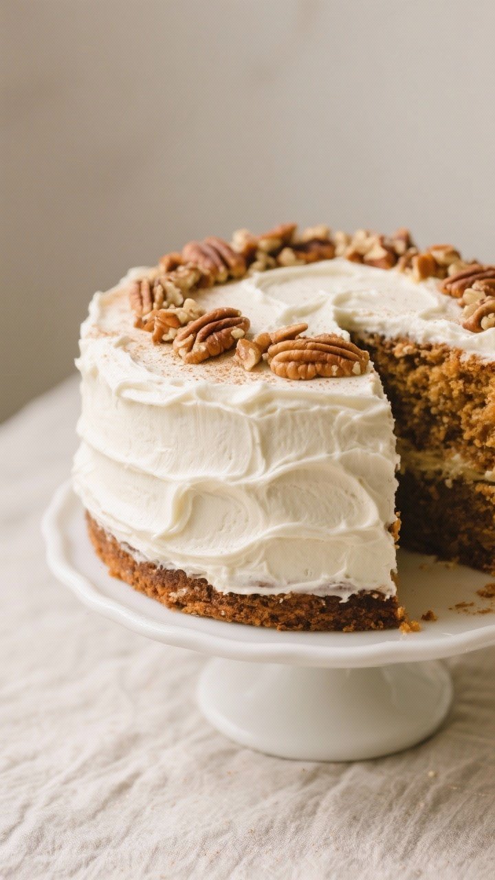 Final dish presentation: A fully cooled carrot cake lavishly coated with thick, fluffy cream cheese 
