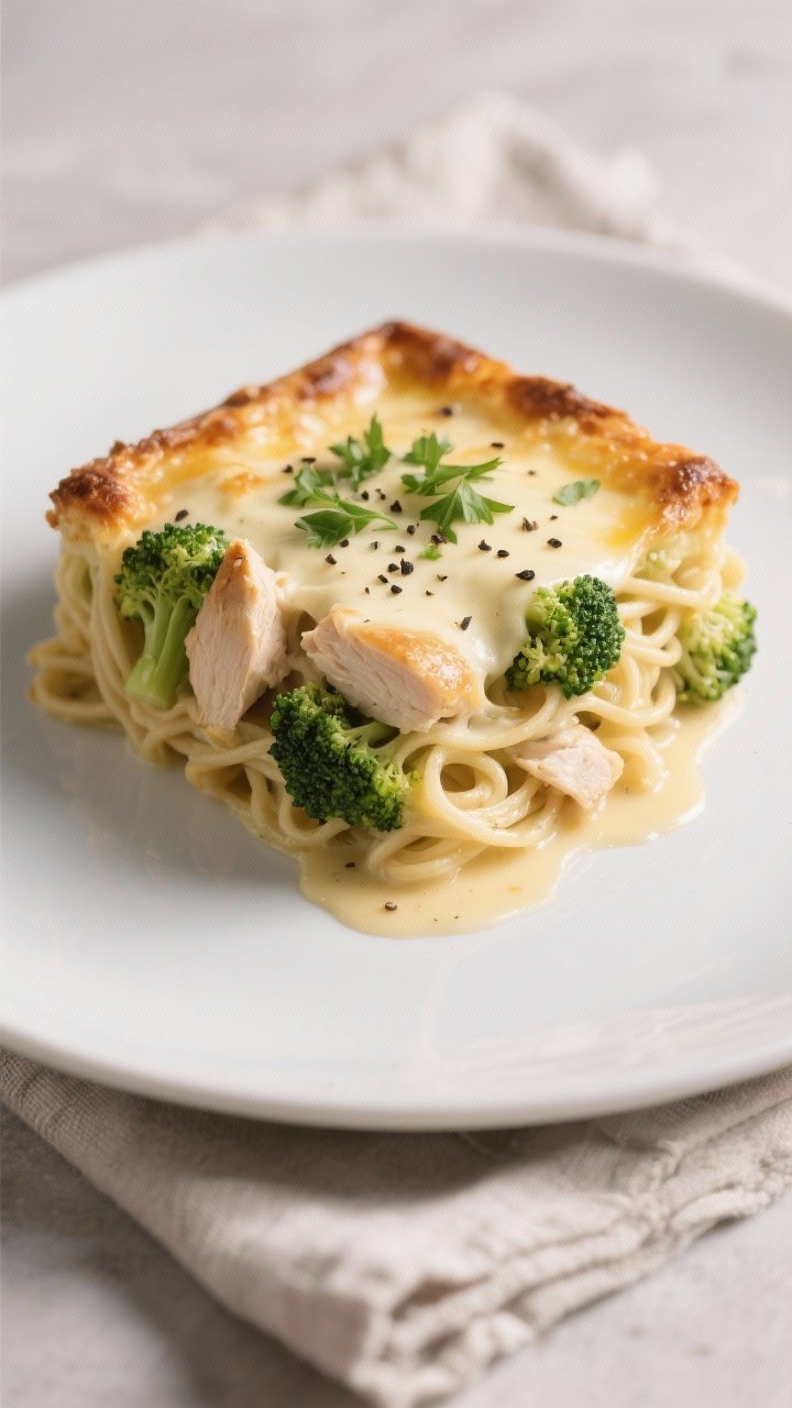 Final dish presentation: A generous square of the broccoli, chicken, and egg noodle bake plated on a
