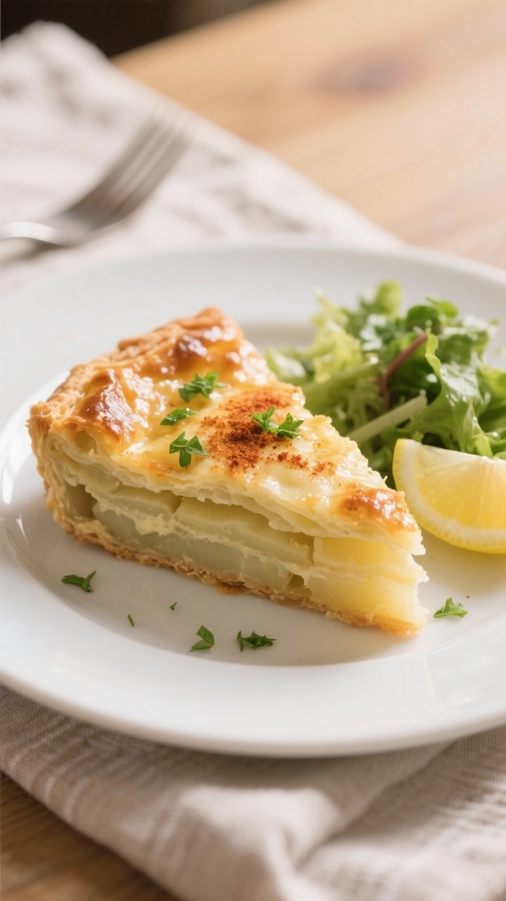Final dish presentation: A neat wedge of potato pie plated on a simple white ceramic plate, layers c