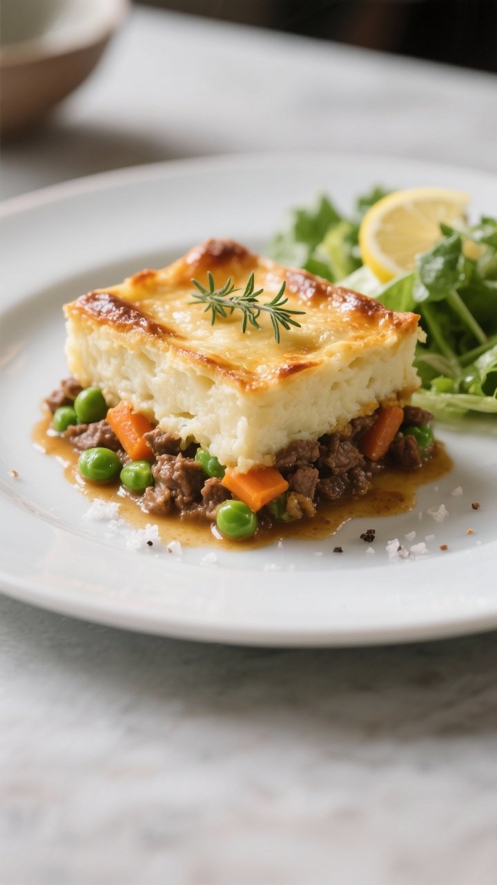 Final dish presentation: A neatly sliced square of cottage pie plated on a matte white dinner plate,
