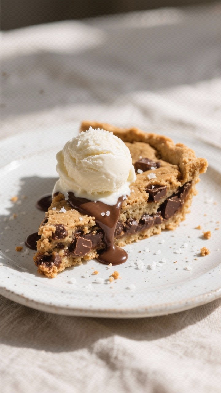 Final dish presentation: A thick slice of air fryer cookie pie plated on a white stoneware dessert p