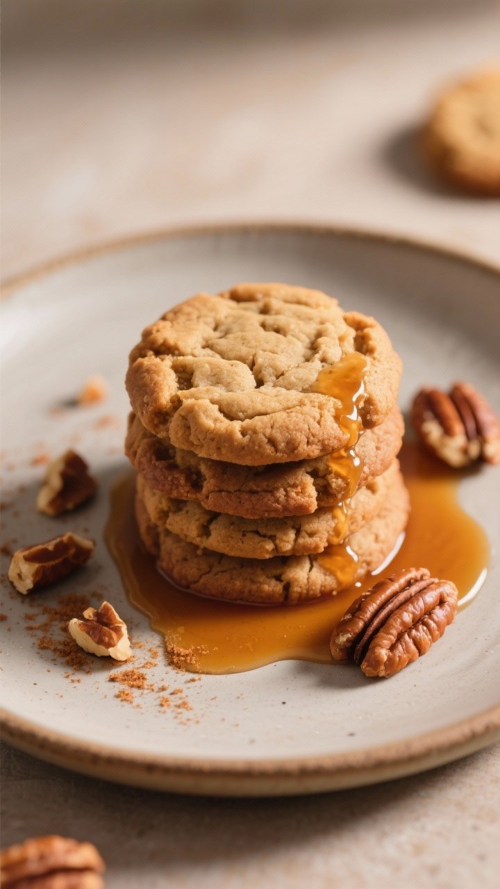 Final dish presentation: Bakery-level plate-up of Air Fryer Spiced Maple Cookies stacked and fanned 
