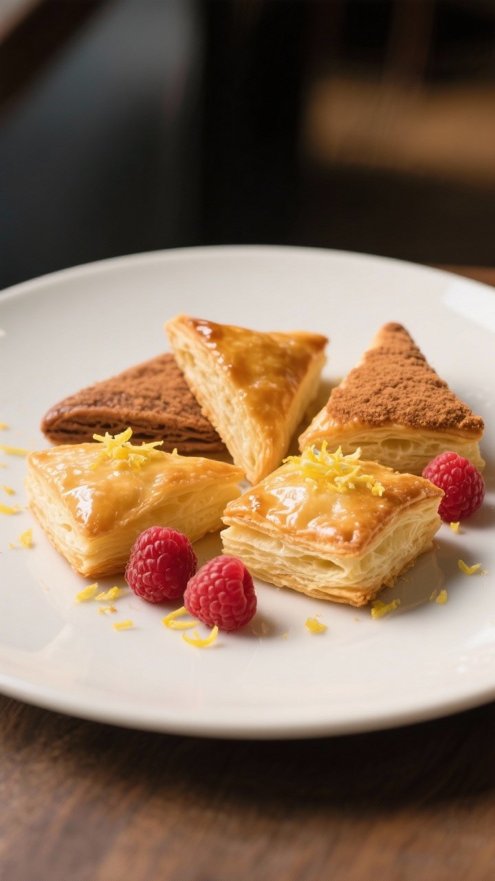 Final dish presentation: Bakery-style plate-up of assorted puffs (triangle and four-corner parcel sh