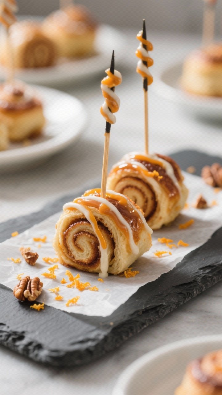 Final dish presentation: Bakery-style scene with mini skewers threaded with cinnamon roll bites, zig