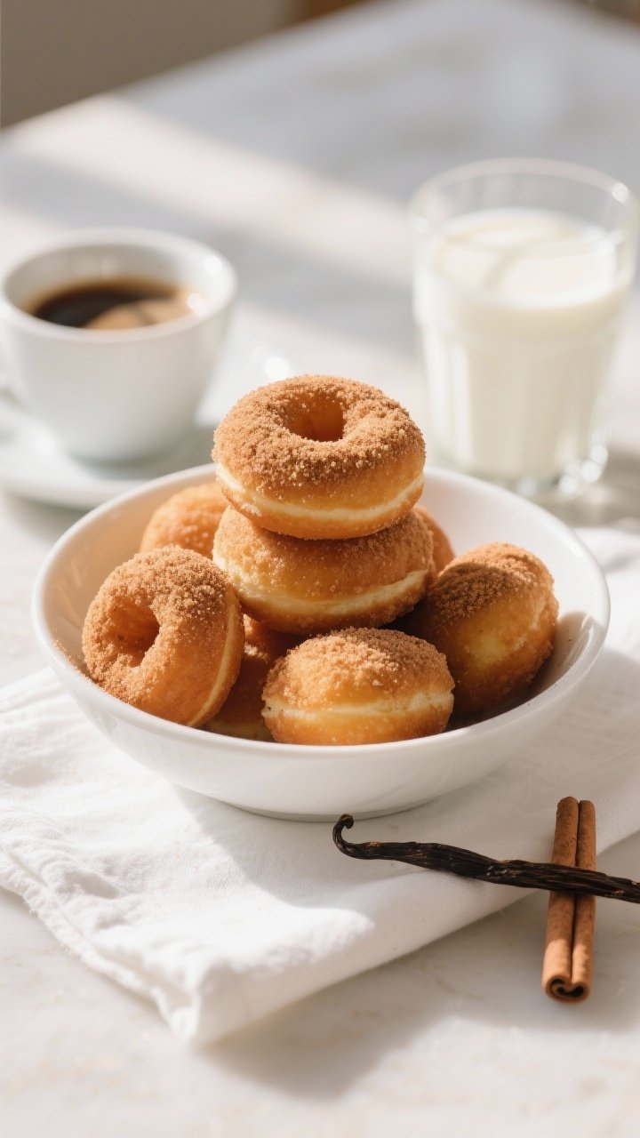 Final dish presentation: Bakery-style serving of donut holes in a white shallow bowl, stacked high a