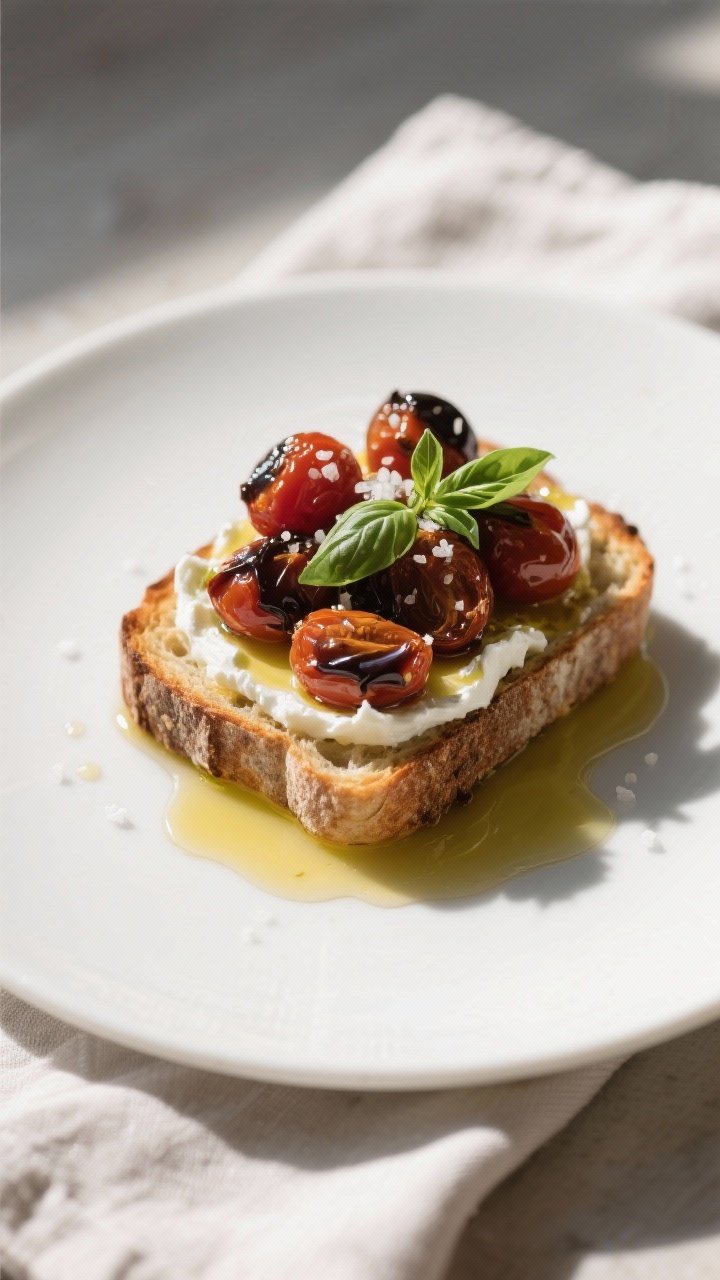 Final dish presentation: Balsamic-finished roasted cherry tomatoes spooned over toasted sourdough wi
