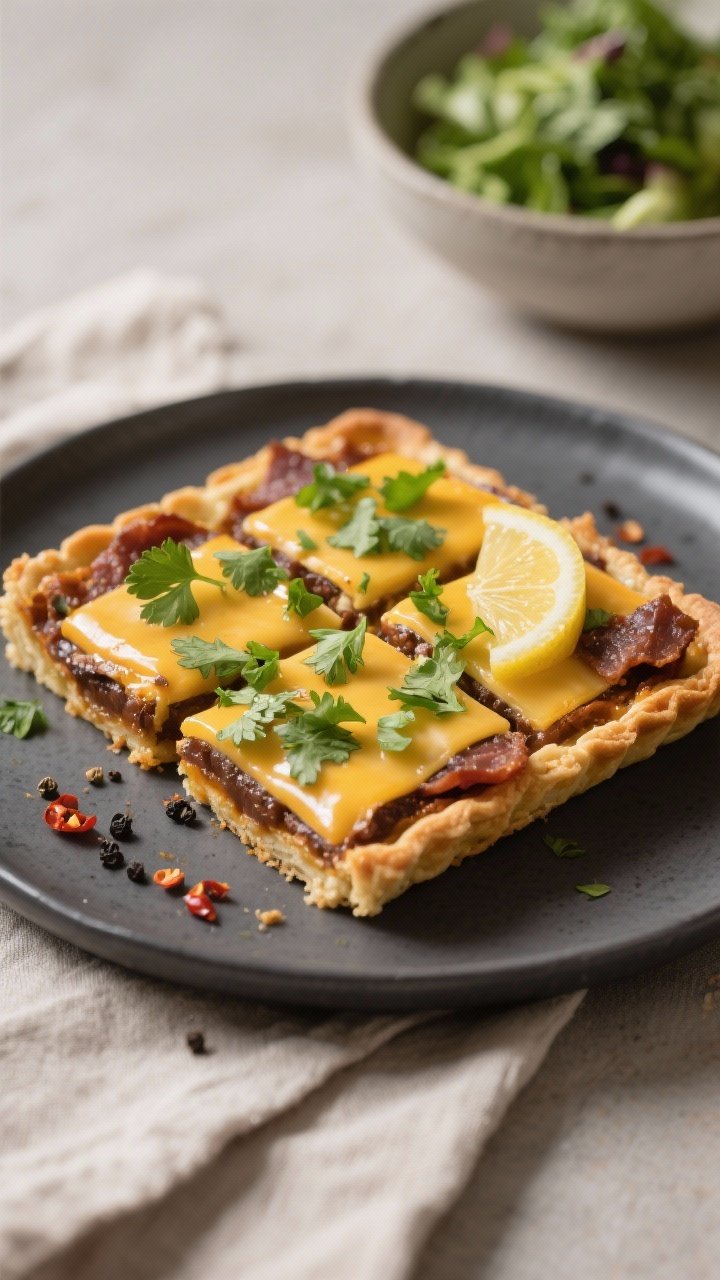 Final dish presentation: Beautifully plated Air Fryer Marmite Tart with Cheddar, Biltong and Coriand