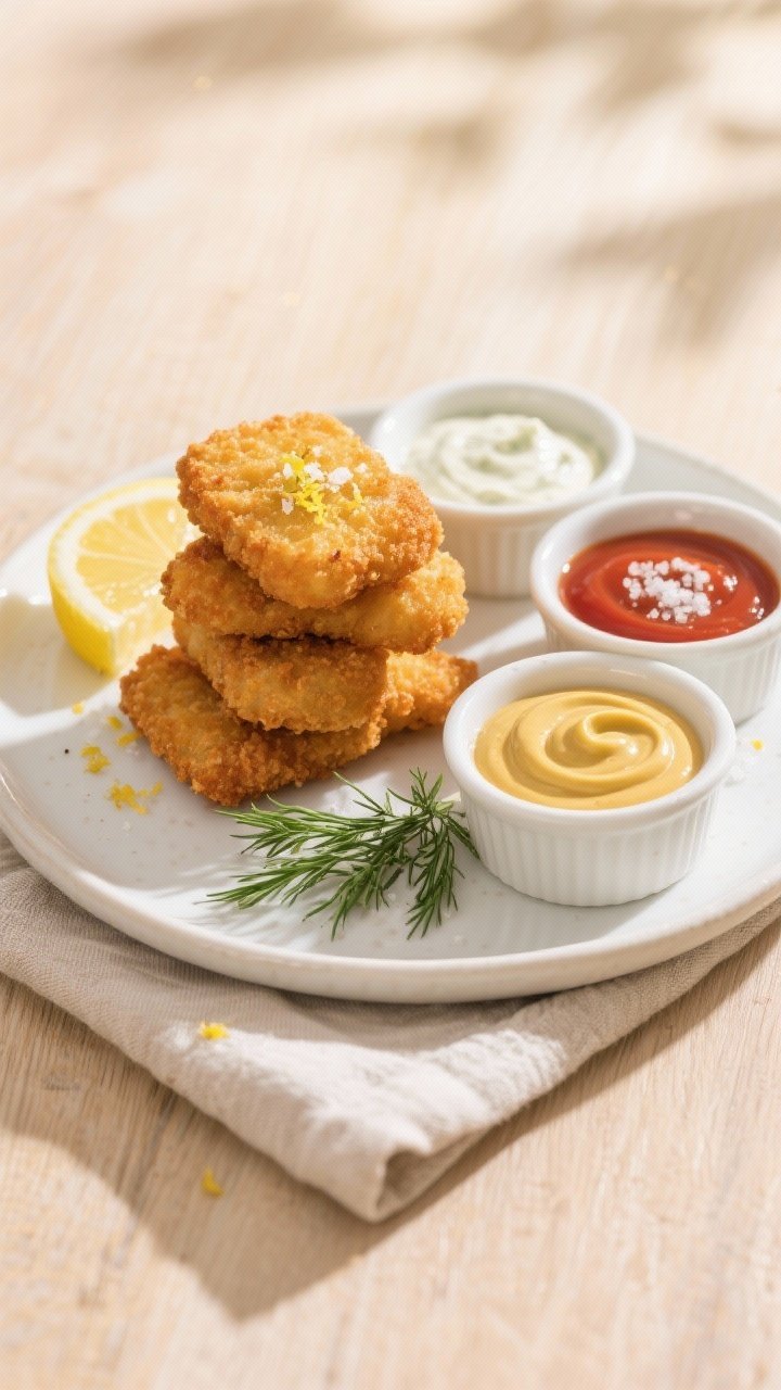 Final dish presentation: Beautifully plated air fryer fish nuggets stacked on a white ceramic plate