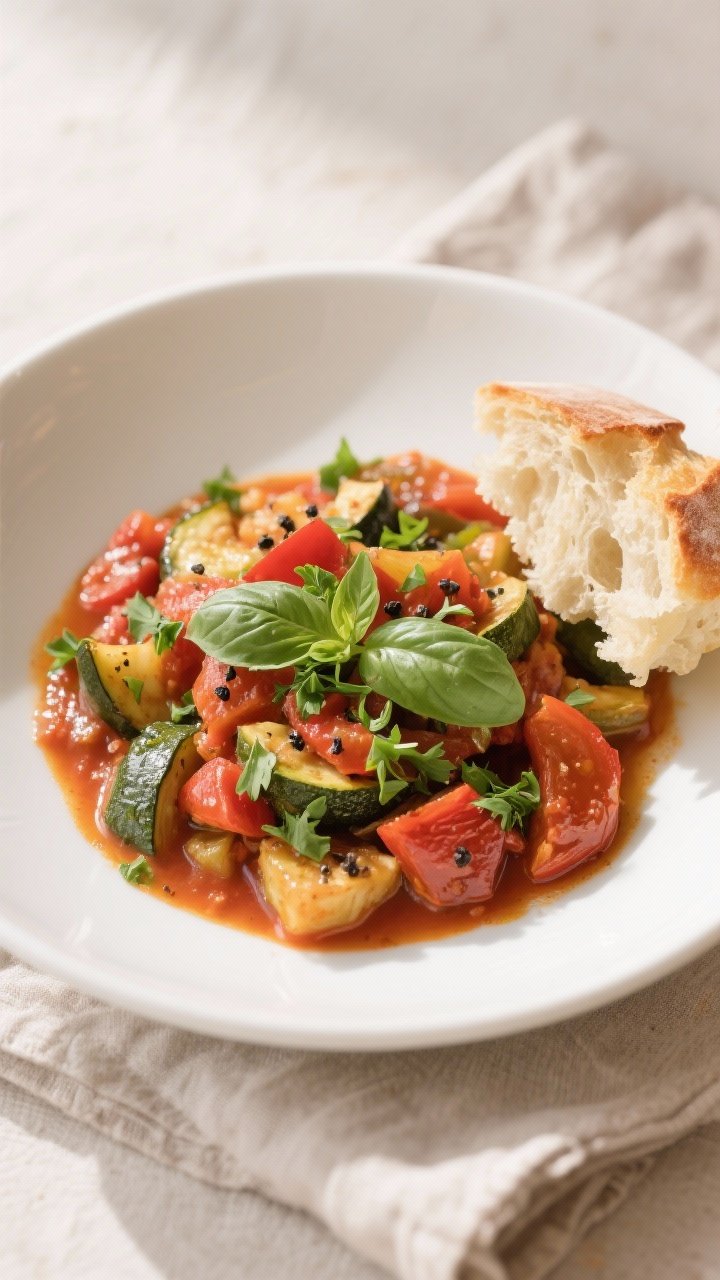 Final dish presentation: Beautifully plated Air Fryer Ratatouille in a wide white shallow bowl, sauc