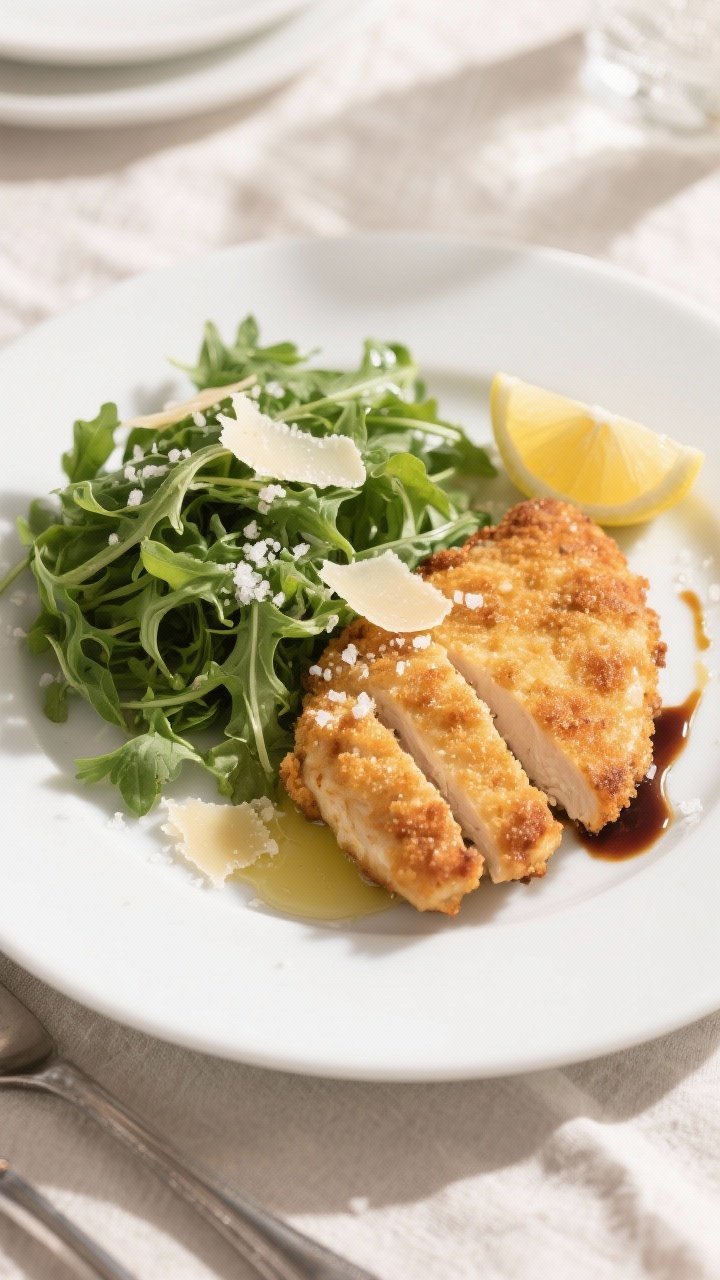 Final dish presentation: Beautifully plated Air Fryer Chicken Milanese on a white, wide-rim plate wi