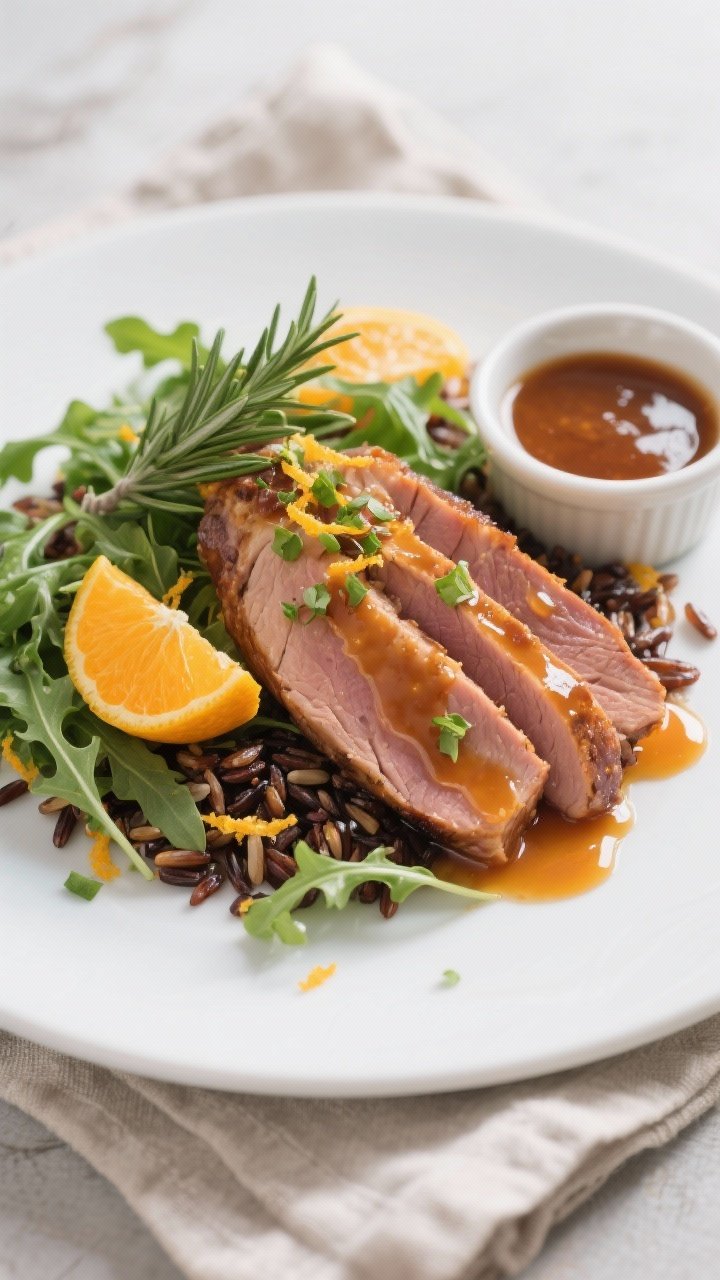 Final dish presentation: Beautifully plated Air Fryer Duck Breast with Orange Glaze, fanned 1/2-inch