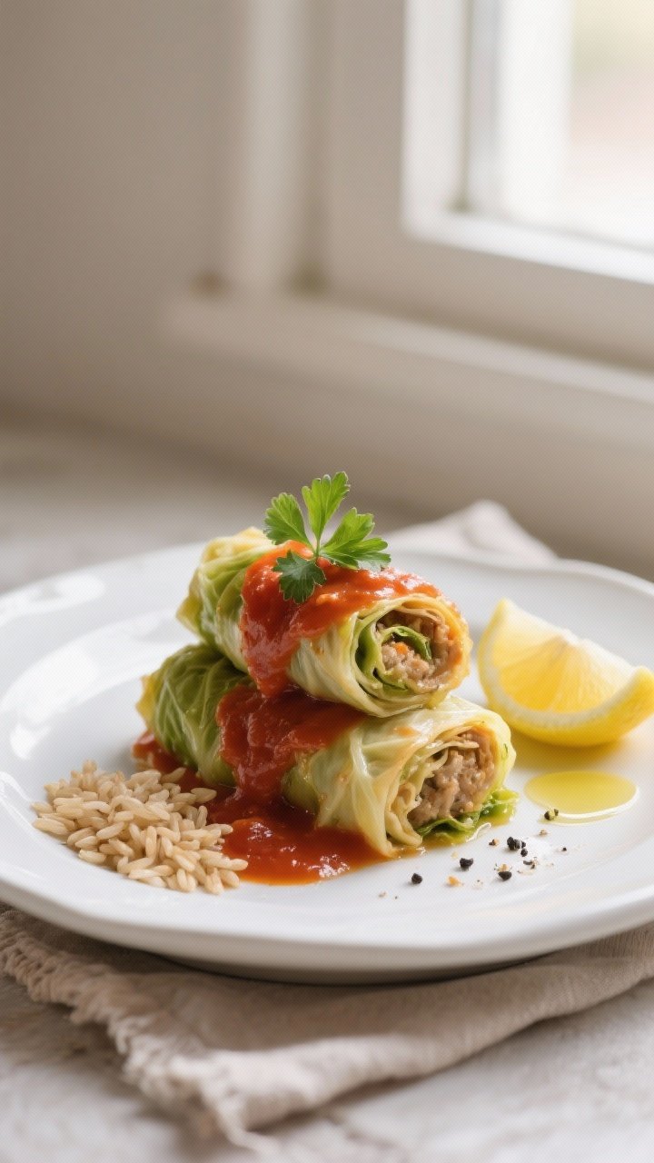 Final dish presentation: Beautifully plated air fryer stuffed cabbage rolls on a white ceramic plate