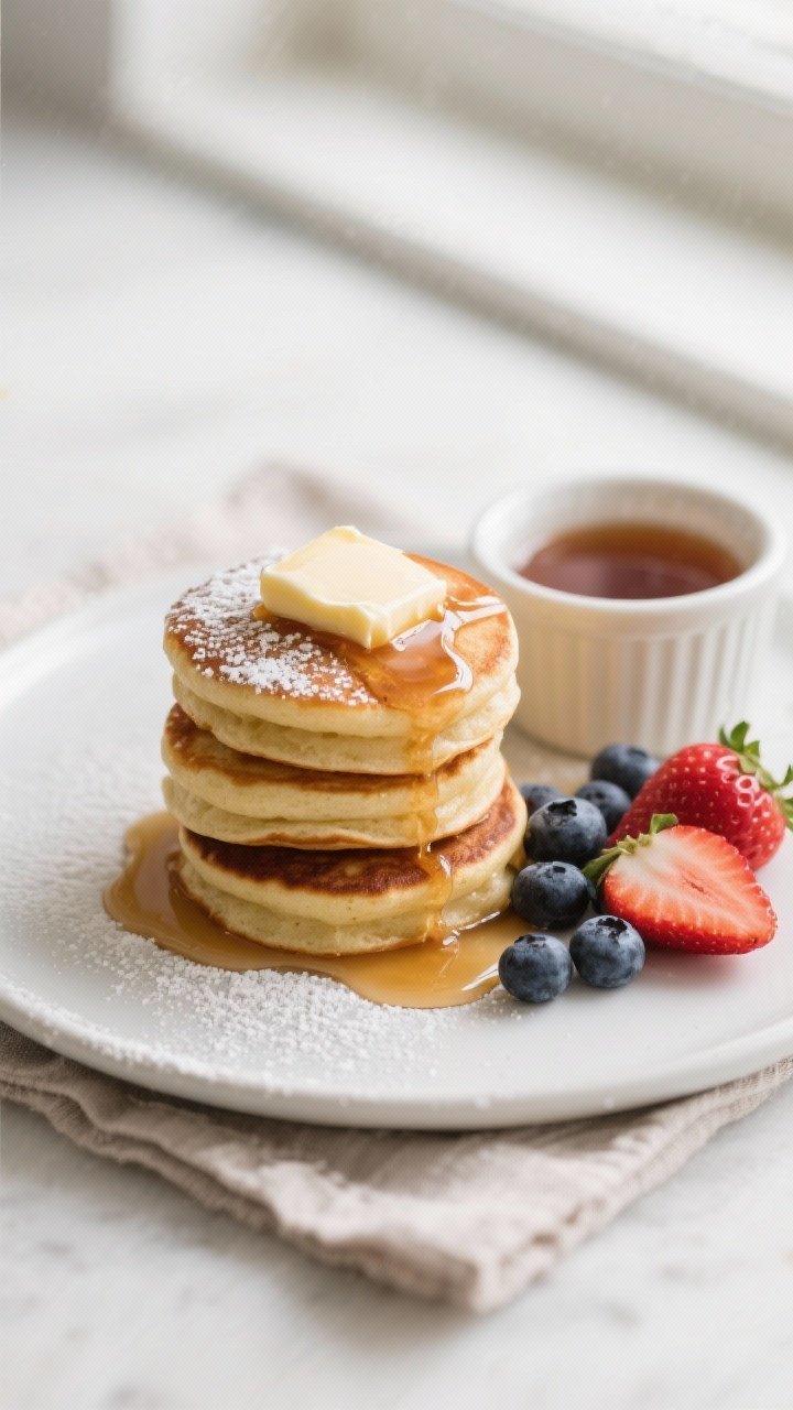 Final dish presentation: Beautifully plated Air Fryer Pancake Bites stacked on a matte white plate, 